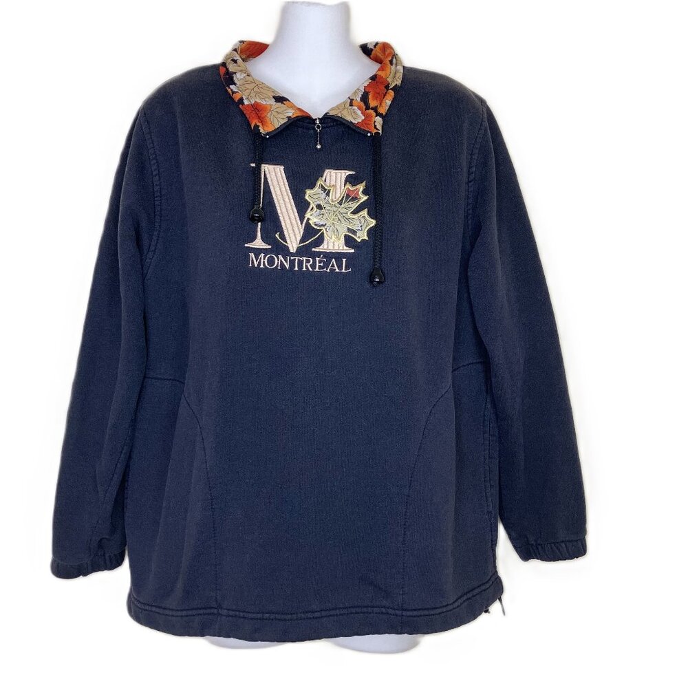 Montreal Embroidered Sweatshirt Top Maple Leaf Contrast Zip Collar Vintage 90s
